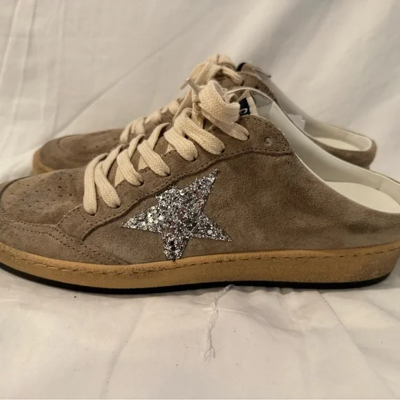Golden Goose Beige Suede Sneakers with White Laces and Silver Glitter Star - Picture 3 of 7